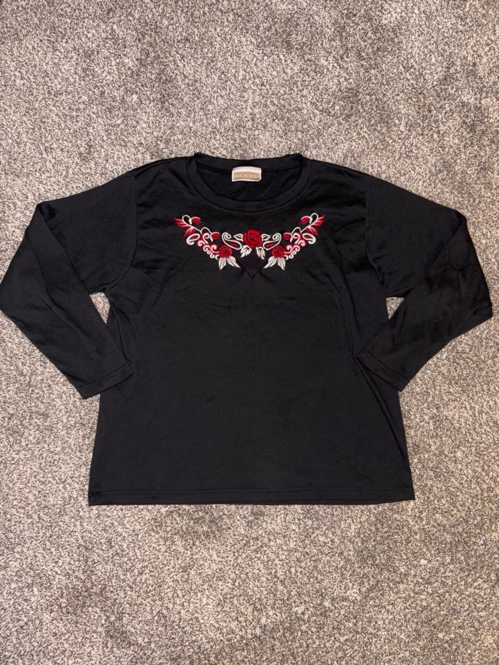 Vintage Black long sleeve shirt with grunge red & white rose embroidery